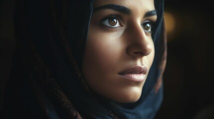 Naklejka premium Young woman wearing a headscarf, looking up. Ai generated