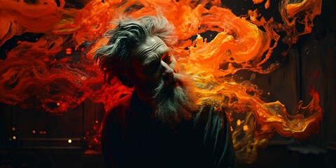 Fototapeta premium Man with a grey beard and flames erupting around him, AI-generated.