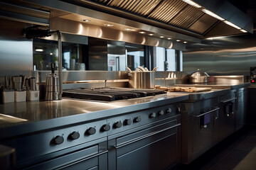 Professional stainless steel kitchen counter for restaurants. Cooking and eating working concept.