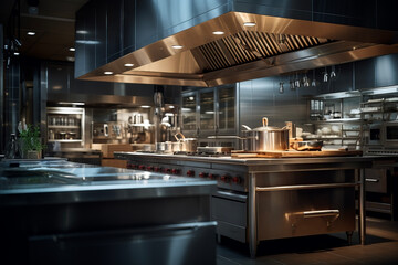 Professional stainless steel kitchen counter for restaurants. Cooking and eating working concept.