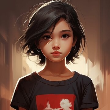 a painting of a girl with dark hait in a t shirt