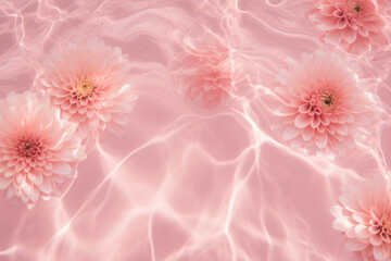 pink dahlias in a pink rippled water with sun glares flat lay.