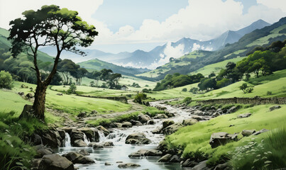 Watercolor landscapes, green hills against the backdrop of mountains.
