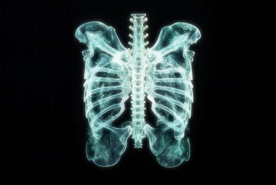 An X-ray of a torso. Ribcage. Bones. Medical. Health. Diagnostic imaging. Internal organs.