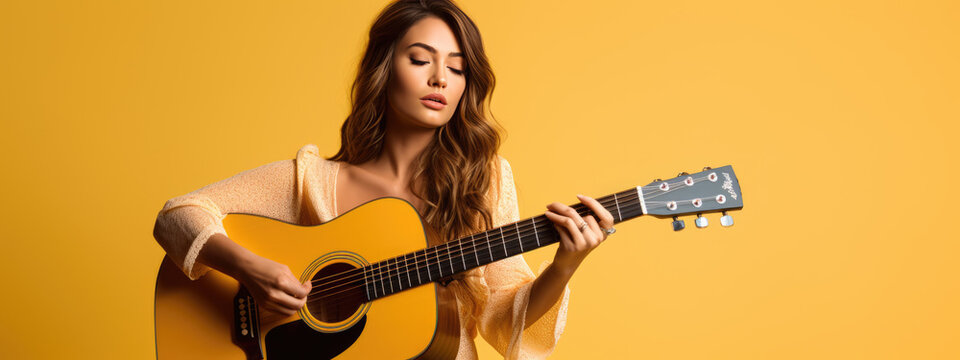 Young attractive woman playing guitar on yellow background