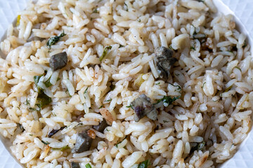 Traditional delicious Turkish food; rice pilaf with pine nuts and currants (Turkish name; ic pilav or pilaf)