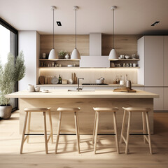 Fototapeta premium Fondo con detalle de cocina con muebles de color blanco a conjunto con partes de madera clara y entrada de luz