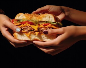 Close-Up, Hands Holding Sandwich. Generative AI