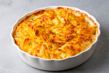 Potato gratin - graten (baked potatoes with cream and cheese) with rosemary and forks (Turkish name; Kremali patates)