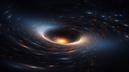 Black hole with a glowing constellation of various colors revolves around a black hole in the universe.