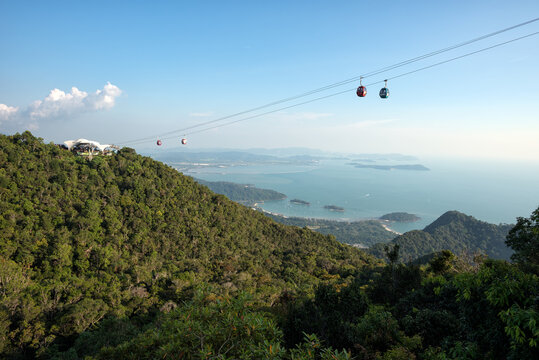The Langkawi Cable Car, also known as Langkawi SkyCab transporting passengers to top Machincang mountain and foothill, Langkawi Island, Malaysia