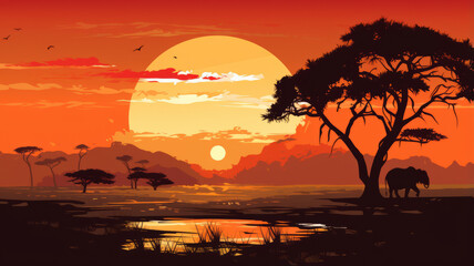 vector art of Color sunset scene African landscape with silhouette wild beast vector illustration.generative ai