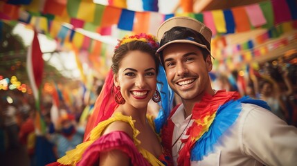 Naklejka premium Brazilian Couple in Traditional Festa Junina Outfits