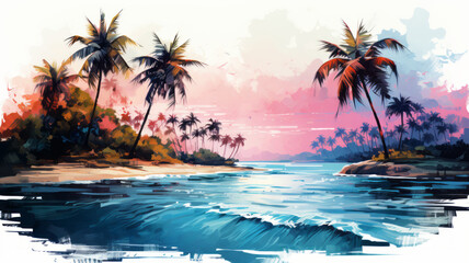 Fototapeta na wymiar vector art of Holiday summer travel vacation illustration - Watercolor painting of palms.generative ai