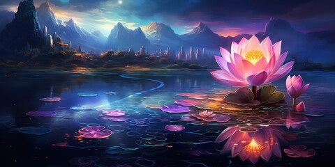 Lotus Flower on Moonlit Lake, Vivid Color, Neon Abstract