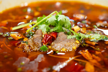 angle view fresh spicy boiled beef
