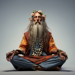 Middle-Aged Hispanic Man in 1968 Hippy Costume in Lotus Position on White Background