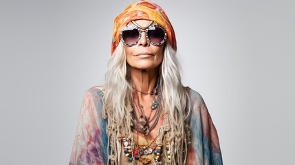 Middle-Aged Woman Dressed as 1968 Hippy in National Geographic Style Photo - obrazy, fototapety, plakaty