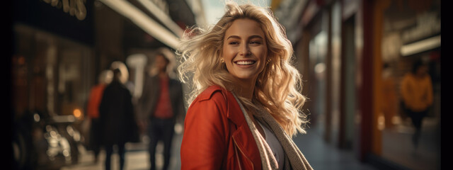Obraz premium Happy smiling woman is walking down the street with bags while shopping.