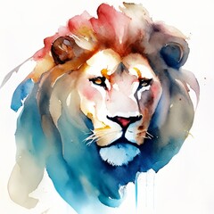 Hand-drawn Watercolor painted Lion face, An artistic color realistic portrait of a lion's head on a white background. 