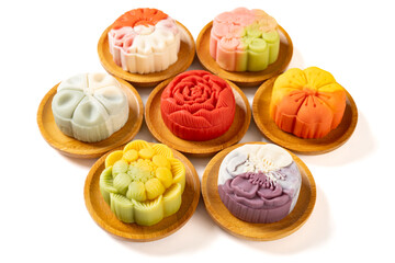 angle view trendy different flower shapes mooncakes on white horizontal composition
