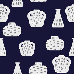 Simple monochrome seamless pattern of hand made jugs for pottery shop or studio wrapping paper.