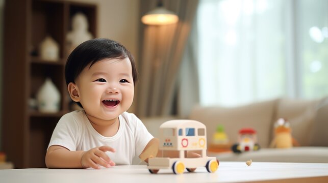 Smiling Asian Baby with Toys in White Living Room - Realistic Sony DSLR Capture