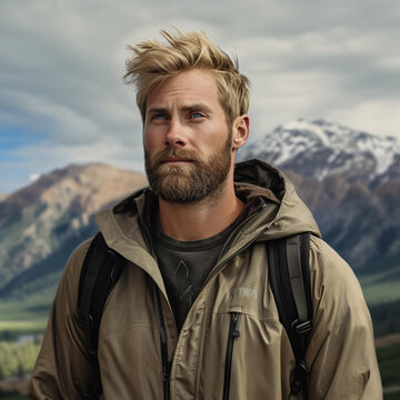 Fondo con detalle de atractivo chico de mediana edad con cabello rubio, ropa de excursionismo y fondo de monta&ntilde;as