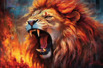 Lion Roaring. Terrible. Head of Lion with a fiery mane. The majestic King of beasts with a flaming,  blazing mane. Regal and powerful. Wild animal. Ferocious Roar. Fire backgrounds. 3d digital art