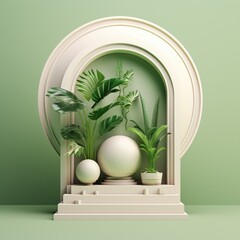 Pastel geometric container filled with plants, white and green emerald, minimalist symmetry. Illustration. Generative AI