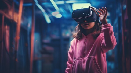 Portrait photography of a little girl playing virtual reality games
