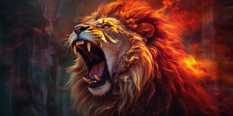 Lion Roaring. Terrible. Head of Lion with a fiery mane. The majestic King of beasts with a flaming,  blazing mane. Regal and powerful. Wild animal. Ferocious Roar. Fire backgrounds. 3d digital art - obrazy, fototapety, plakaty