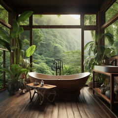 Fondo con detalle de cuarto de baño con estetica minimalista y cristalera con vistas a paisaje de selva tropical - obrazy, fototapety, plakaty