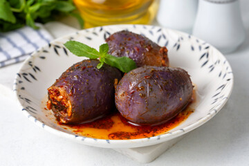 Traditional delicious Turkish foods; eggplant stuffed (patlican dolmasi)