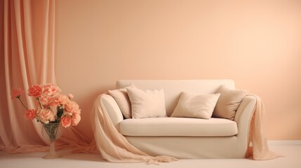 Romantic pastel couch with pillow in a pastel colored room