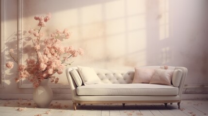 Fototapeta na wymiar Romantic pastel couch with pillow in a pastel colored room