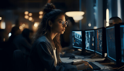 Female engineer working with a software program on desktop computer with multiple screens - obrazy, fototapety, plakaty
