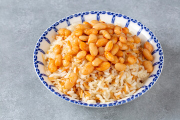 Traditional Turkish cuisine. Kuru Fasulye . Haricot Beans, rice and beans (Turkish name; pilav ustu kuru fasulye)