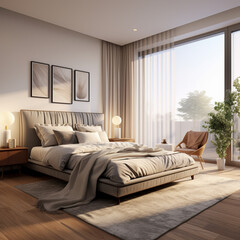 Fondo con detalle de dormitorio de tonos calidos, estetica moderna y entrada de luz natural