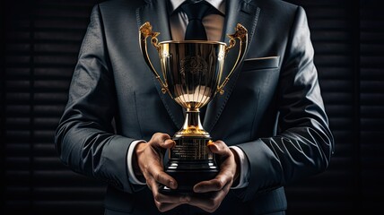 Businessman with formal suit holding golden trophy winning award in dark dramatic background. - obrazy, fototapety, plakaty