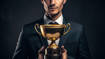 Businessman with formal suit holding golden trophy winning award in dark dramatic background.