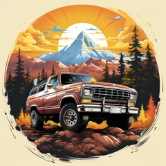Foto auf Alu-Dibond T-Shirt Design Vintage Ford Bronco in the Mountains Clipart © Usablestores