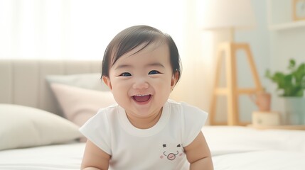Super Cute Chinese 3-Month-Old Baby with Happy Smile White Shirt