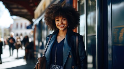 Tall Black Girl in Dark-Blue Dress with Afro Haircut Smiling  Sunny Spring Day Photography - obrazy, fototapety, plakaty