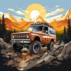 T-Shirt Design Vintage Ford Bronco in the Mountains Clipart