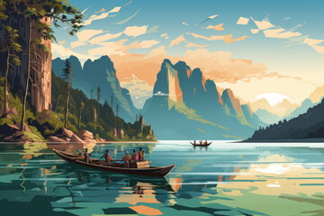 vector art of Travelers on the boat enjoy nature,Thailand, beautiful Asian holiday destinations.generative ai