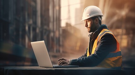 Civil engineering working on laptop computer at construction site. generative ai