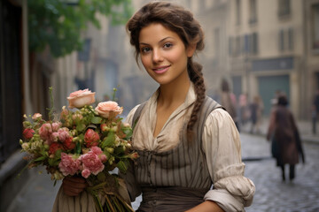 Nostalgia for old Paris: Old photo of young pretty French woman with flowers, 18th century - obrazy, fototapety, plakaty