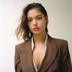Woman in Brown Suit Close-Up shot of Asian Model in Early Morning