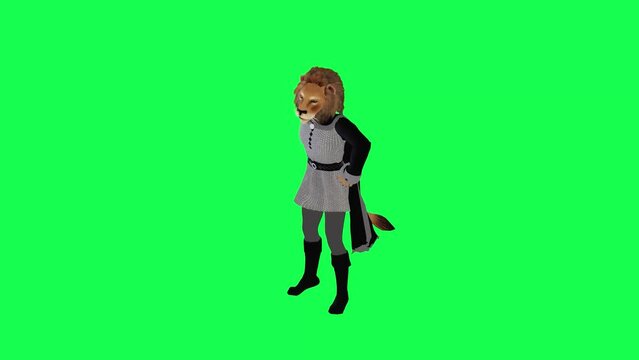3d animated lion in gray black dress dancing hip hop from right angle isolated on green screen character cartoon cute chroma key animation
